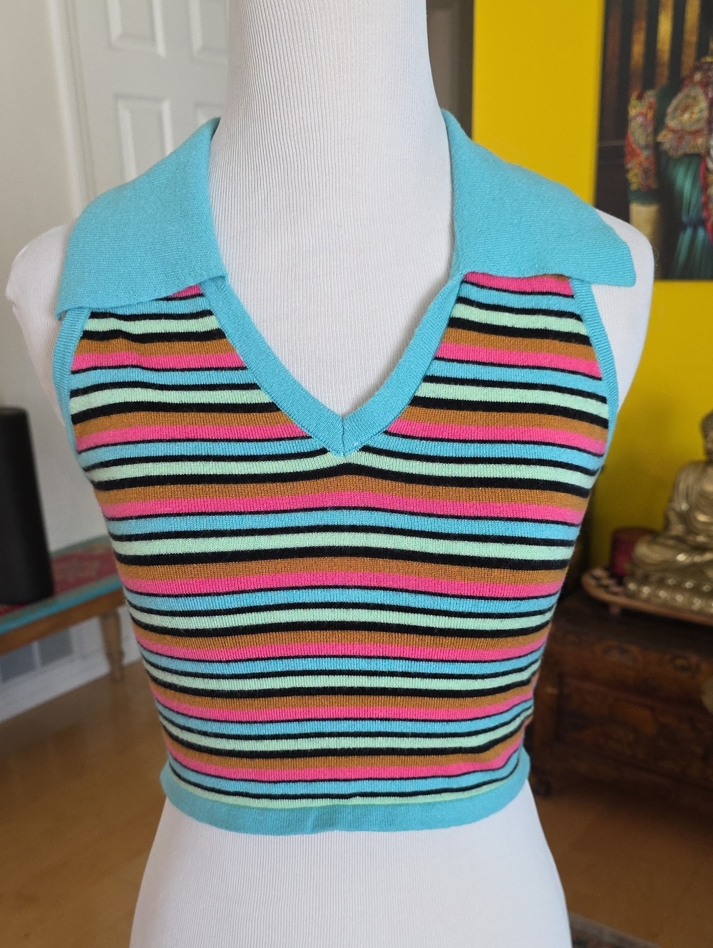 Wild fable Aqua Collared Striped V-Neck Crop Tank